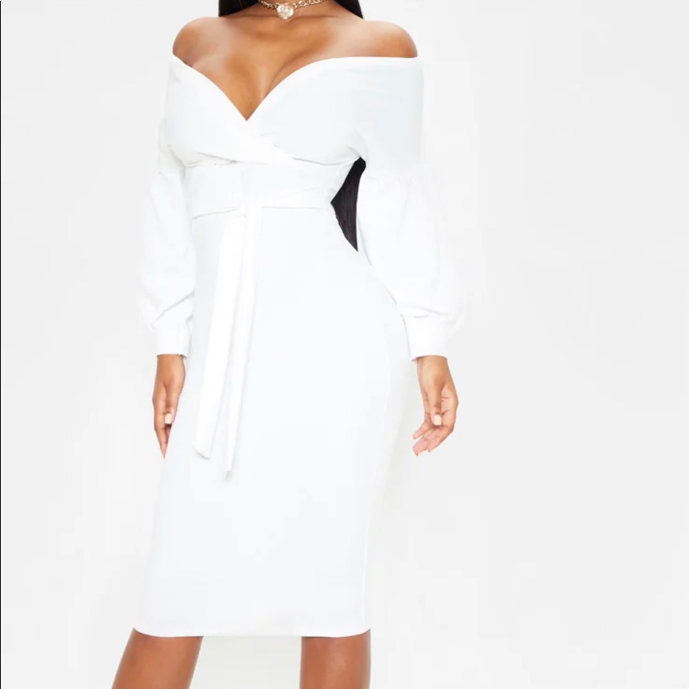 PrettyLittleThing White Wrap Tie Waist Puff Sleeve Midi Dress
